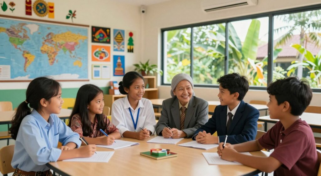 A vibrant scene illustrating cultural diversity at a Bali international school. In the foreground, a group of five children from different ethnic backgrounds, dressed in professional business attire or modest casual clothing, engage in a collaborative classroom activity, smiling and sharing ideas. The middle ground features a modern classroom with colorful decorations reflecting various cultures, including maps, art from around the world, and educational materials. In the background, large windows allow natural light to illuminate the space, showcasing a lush tropical landscape outside. The atmosphere is warm and inviting, emphasizing inclusivity and cultural awareness. The image should capture a sense of harmony and community, with a focus on the joy of learning in a diverse environment.
