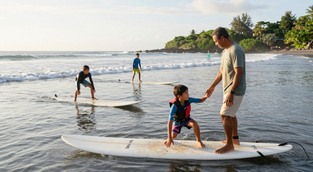 A vibrant scene illustrating surf safety tips in Bali, featuring a knowledgeable instructor in modest casual attire, demonstrating proper surfing techniques on a serene beach. The foreground showcases a surfboard with safety tips visually represented, such as wearing a life jacket and checking conditions. In the middle ground, beginners practice surfing under the guidance of the instructor, with clear communication and respect for the ocean. The background features stunning Bali ocean conditions: gentle waves, lush greenery lining the coast, and a sunny sky with soft, diffused lighting creating an inviting, warm atmosphere. The image captures a sense of learning, camaraderie, and the beauty of responsible surfing in Bali, emphasizing safety and enjoyment.
