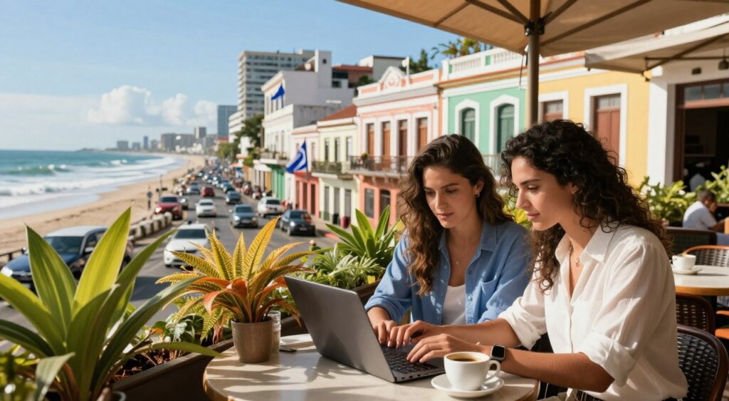 A vibrant scene illustrating the concept of a Digital Nomad Visa in Uruguay. In the foreground, a professional young couple, dressed in smart casual attire, is working on laptops at an outdoor café table adorned with tropical plants and coffee cups. The middle ground features a bustling Montevideo street with colorful colonial buildings and flags fluttering, showcasing the city’s lively atmosphere. In the background, the iconic coastline of Uruguay stretches out with rolling waves beneath a bright blue sky, evoking a sense of freedom and adventure. The lighting is warm and inviting, capturing the essence of a sunny day, while the angle offers a slightly elevated view to include both the couple's focused expressions and the vibrant urban setting. The overall mood is inspiring and uplifting, symbolizing the blend of work and travel.