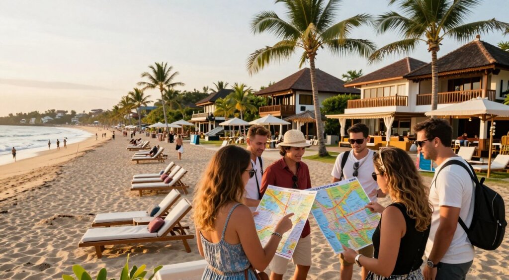 A vibrant scene in Seminyak, Indonesia, capturing the essence of a travel guide for first-time visitors. In the foreground, a diverse group of tourists, dressed in smart casual attire, examines a travel map and points out local attractions. The middle ground features iconic Seminyak beaches, lined with stylish beach clubs and sun loungers, while palm trees sway gently in the breeze. In the background, traditional Balinese architecture blends with modern luxury villas, creating a harmonious landscape. The lighting is warm and inviting, reminiscent of a golden hour sunset, casting a soft glow across the scene. The atmosphere is lively yet relaxed, embodying the sophisticated charm of Seminyak as a top travel destination.