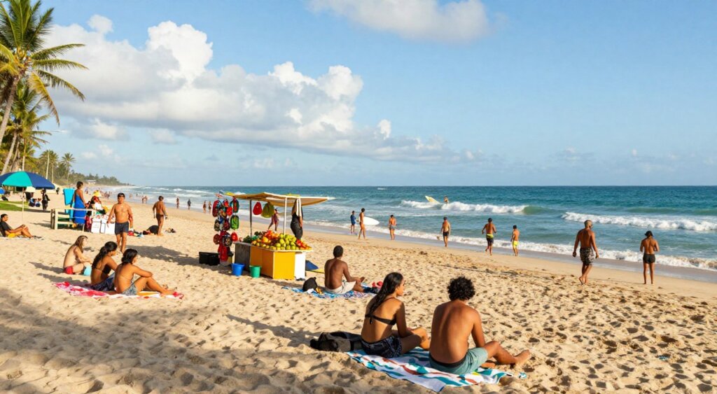 A vibrant scene of Kuta Beach bustling with activity during a sunny afternoon. In the foreground, a diverse group of tourists in modest casual clothing enjoy the sandy beach, some lounging on beach towels and others playing beach games. In the middle, local vendors offer colorful souvenirs and fresh tropical fruits from vibrant stalls, while surfers ride gentle waves nearby. The background features the stunning turquoise ocean meeting a bright blue sky dotted with fluffy white clouds. Soft sunlight casts warm, inviting shadows, revealing intricate textures of the sand and palm trees lining the beach. Capture the lively atmosphere and sense of community in a professional photojournalism style, evoking a carefree vacation vibe.