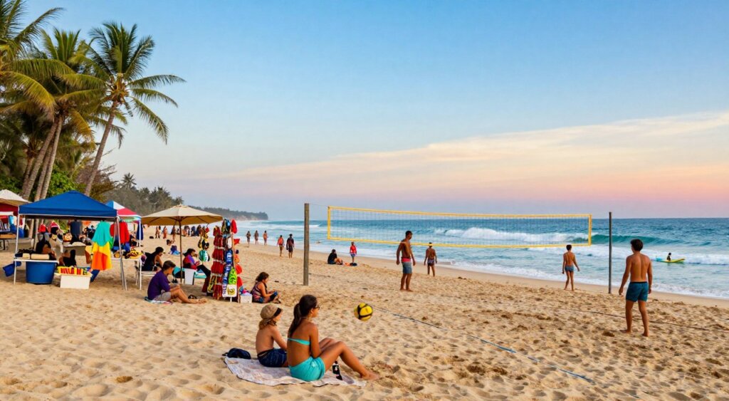 A vibrant scene of Kuta Beach showcasing a variety of attractions and activities. In the foreground, families and tourists engage in beach volleyball and sunbathing on the soft, golden sand, dressed in casual summer attire. The middle ground features vendors selling colorful souvenirs and local crafts, with beachgoers strolling along the shore. The ocean sparkles under the clear blue sky, while surfers can be seen riding gentle waves, adding dynamic movement to the image. The background highlights lush palm trees swaying gently in the breeze, framed by the enchanting silhouette of a colorful sunset. Capture the atmosphere of relaxation and excitement with soft, warm lighting and a wide-angle lens to encompass the beach's full beauty.