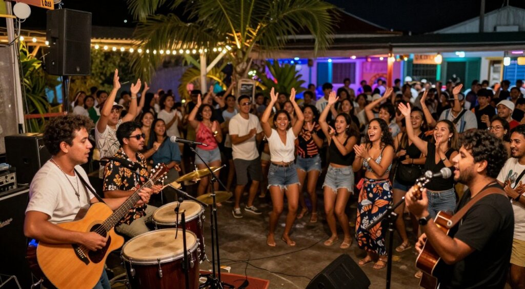 A vibrant scene of Kuta's nightlife, showcasing a lively live band performance on an outdoor stage surrounded by enthusiastic audience members. In the foreground, musicians play acoustic guitars and drums, dressed in casual yet stylish clothing, their energy resonating with the crowd. In the middle ground, diverse groups of people enjoy the music, clapping and dancing, illuminated by warm, ambient lighting that sets a joyful mood. The background features tropical palm trees and colorful lighting decorating the venue, creating an inviting and festive atmosphere. Capture the scene from a slightly elevated angle, emphasizing the dynamic interactions between the band and the crowd, with a shallow depth of field to focus on the performers while softly blurring the audience. The image should evoke a sense of community and excitement that defines Kuta's live music scene.