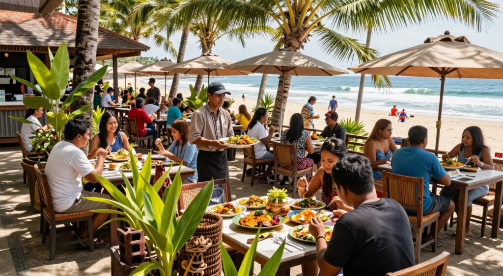 A vibrant scene of Kuta's outdoor restaurants bustling during lunchtime, capturing a diverse array of diners savoring local Balinese cuisine. In the foreground, a beautifully arranged table features colorful dishes like Nasi Goreng and Sate, surrounded by tropical plants and local wooden decor. The middle ground reveals waitstaff in modest, eclectic attire serving happy customers at shaded tables under umbrellas. In the background, beachgoers can be seen enjoying the sun, with the ocean waves gently rolling in, framed by palm trees swaying in a light breeze. The lighting is bright and warm, indicative of a sunny day, with sunlight filtering through the trees, creating dappled patterns on the ground. The mood is lively and inviting, embodying the essence of Kuta’s culinary culture.
