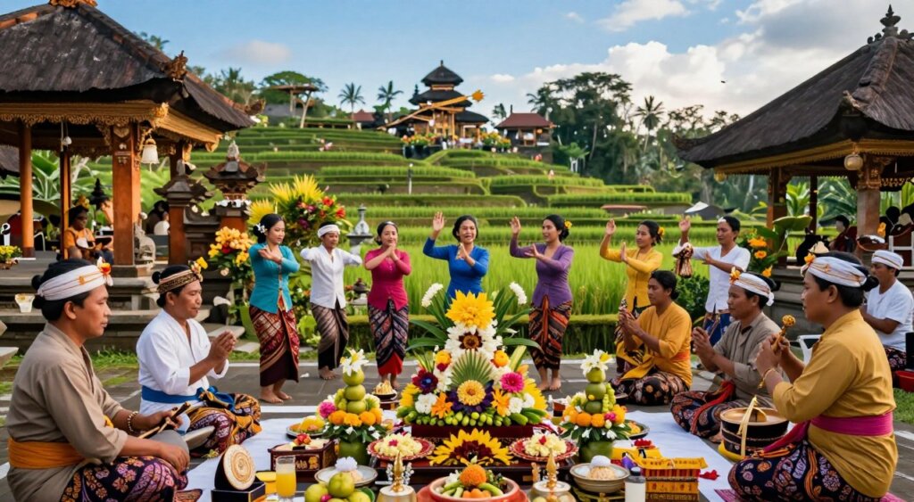 A vibrant scene of Saraswati Day celebration in Bali, featuring a group of Balinese people dressed in traditional attire, including colorful sarongs and intricate kebayas, engaging in a ritualistic offerings ceremony. Foreground: A beautifully adorned altar with flowers, fruits, and sacred texts, surrounded by musicians playing traditional instruments. Middle ground: Participants joyfully dancing in a lush garden, with intricate Balinese architecture visible. Background: Majestic rice terraces under a clear blue sky, reflecting the serene beauty of Bali. Soft, warm lighting enhances the festive atmosphere, capturing the spiritual essence of knowledge and wisdom. The composition is eye-level, with a slight depth of field creating an inviting, immersive experience, reminiscent of National Geographic's intimate photojournalism style.