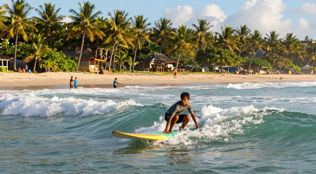 A vibrant scene of a beginner surfer learning to ride waves in Bali. In the foreground, a young adult in modest swim attire is practicing on a colorful foam surfboard, kneeling on the board in shallow turquoise waters. The middle ground reveals gentle, rolling waves crashing against the shore, with a few other learners and instructors in the distance, demonstrating techniques. The background features a picturesque sandy beach lined with lush palm trees, swaying gently in the breeze, and a bright blue sky peppered with fluffy white clouds. The lighting is warm and golden, suggesting a late afternoon sun, creating a welcoming and adventurous atmosphere. The composition captures the lively spirit of Bali’s surf culture, making it ideal for aspiring surfers.