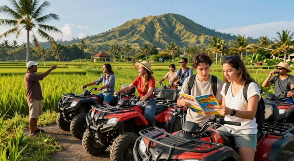 A vibrant scene of a lush Bali landscape captures a diverse group of adventurous tourists standing beside various quad bikes, contemplating their tour options. In the foreground, a young couple in casual attire examines a colorful brochure, their expressions filled with excitement and curiosity. To the left, a local guide gestures towards a scenic route dotted with palm trees and rice paddies, inviting them to explore. The middle ground features several sturdy quad bikes, gleaming under the warm, tropical sunlight, surrounded by vibrant green vegetation. In the background, the iconic Bali hills rise against a clear blue sky, enhancing the allure of the adventure. The warm, inviting atmosphere suggests fun and exploration, ideal for those seeking a thrilling outdoor experience in paradise.