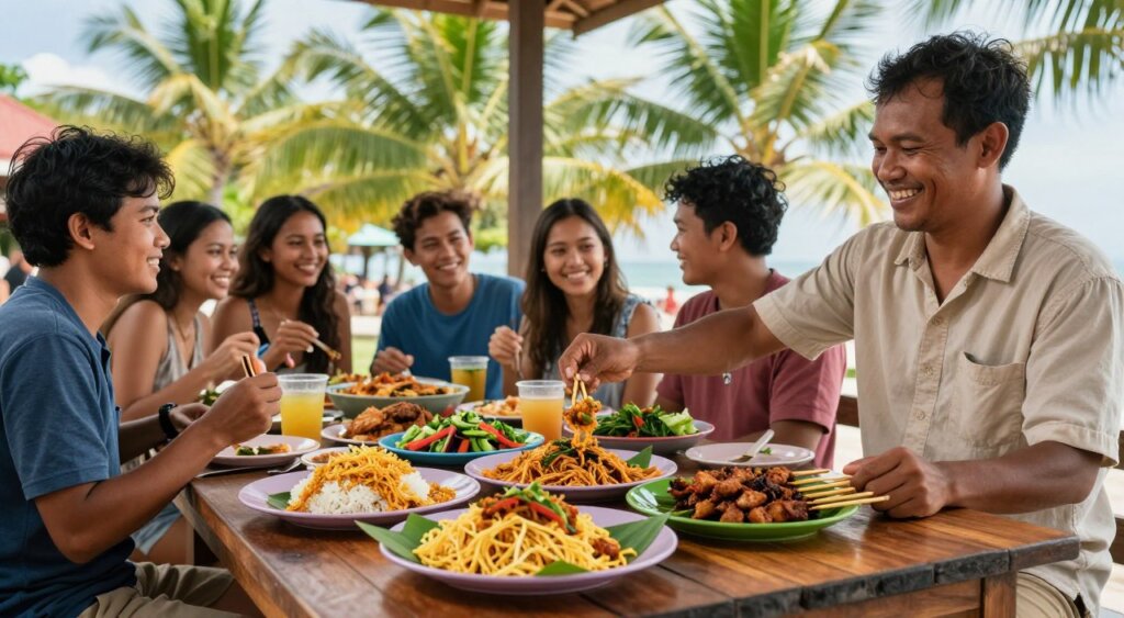 A vibrant scene of an inexpensive Kuta warung, showcasing a variety of traditional Indonesian dishes. In the foreground, a wooden table is adorned with a colorful spread of local favorites such as nasi goreng, satay skewers, and fresh vegetables served in small bowls. The middle ground features a friendly local vendor wearing a modest casual shirt, smiling as they serve food to a group of diverse travelers in comfortable clothing, their expressions filled with enjoyment. In the background, lush green palm trees gently sway against a bright blue sky, creating a relaxed tropical atmosphere. Warm, natural lighting enhances the vivid colors of the food, suggesting midday sun. The image captures the essence of budget-friendly dining in Kuta, with a focus on community and culinary delight, resembling a professional photojournalistic style.