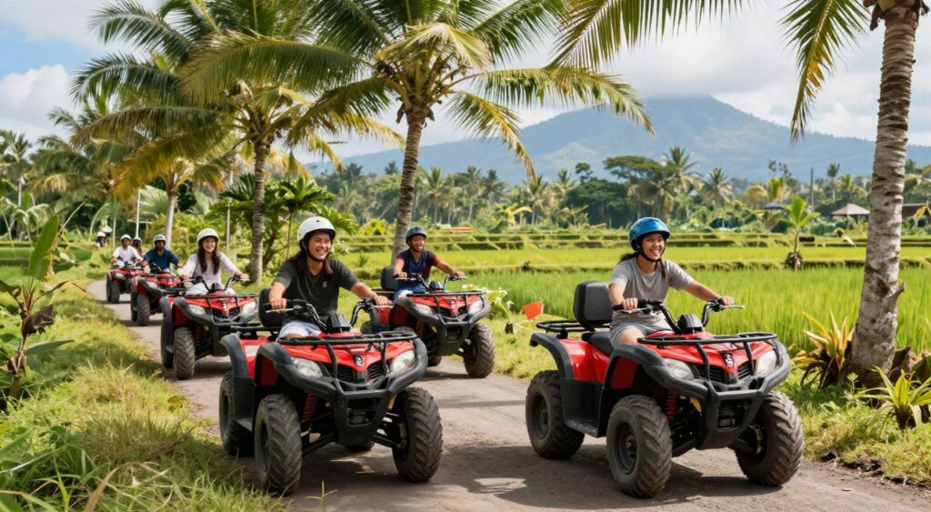 A vibrant scene of beginner quad biking in Bali, showcasing a diverse group of riders in modest casual clothing, joyfully navigating palm-fringed paths. In the foreground, two riders on colorful quad bikes, smiling and wearing helmets, showcase their excitement on the lush terrain. The middle ground features a winding trail surrounded by tropical greenery, with glimpses of fellow bikers enjoying the adventure. The background presents the iconic Balinese landscape, complete with rice paddies and distant mountains under a bright blue sky. Natural sunlight filters through the trees, creating a warm and inviting atmosphere. The composition captures a dynamic angle, enhancing the sense of motion and adventure in this picturesque setting, reminiscent of National Geographic-quality photojournalism.
