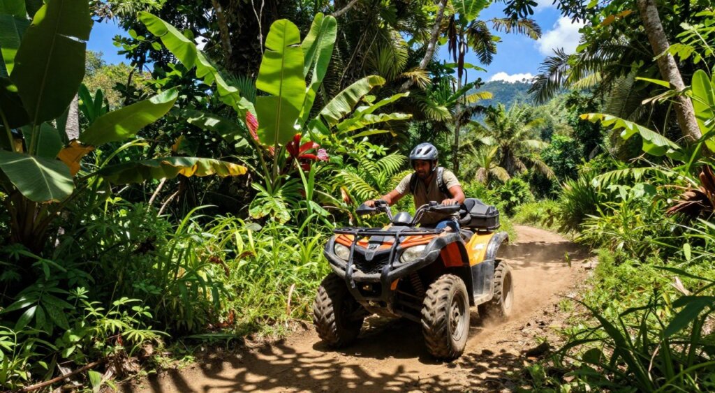 A vibrant scene of quad biking through lush jungle terrain in Bali. In the foreground, a rugged quad bike kicks up dirt and leaves, showcasing its robust design and vibrant colors, while a rider, dressed in casual, adventure-appropriate attire and a helmet, navigates the bumpy trail with excitement. In the middle ground, dense tropical foliage and exotic plants create a rich canopy of greens, while sunlight filters through the leaves, casting playful shadows on the ground. In the background, glimpses of distant hills and a clear blue sky enhance the sense of adventure. The atmosphere conveys thrill and exploration, reminiscent of National Geographic photojournalism, with bright, natural lighting highlighting the vibrancy of the Bali jungle.