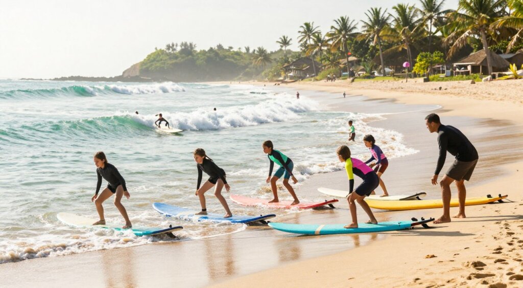 A vibrant scene of surf lessons taking place on the beautiful shores of Kuta Beach. In the foreground, a diverse group of beginners, wearing modest swim gear and rash vests, eagerly practice their balance on colorful surfboards, while a skilled instructor guides them through the movements. The middle ground features the rolling turquoise waves, glistening under the bright morning sun, creating a lively motion as they break on the golden sand. In the background, palm trees sway gently, framing the picturesque beach scene, while a few surfers catch waves further out. The image is bathed in warm, inviting natural light, evoking a joyful and energetic atmosphere, captured with a wide-angle lens to emphasize the interplay between the surfers and the breathtaking coastal landscape.
