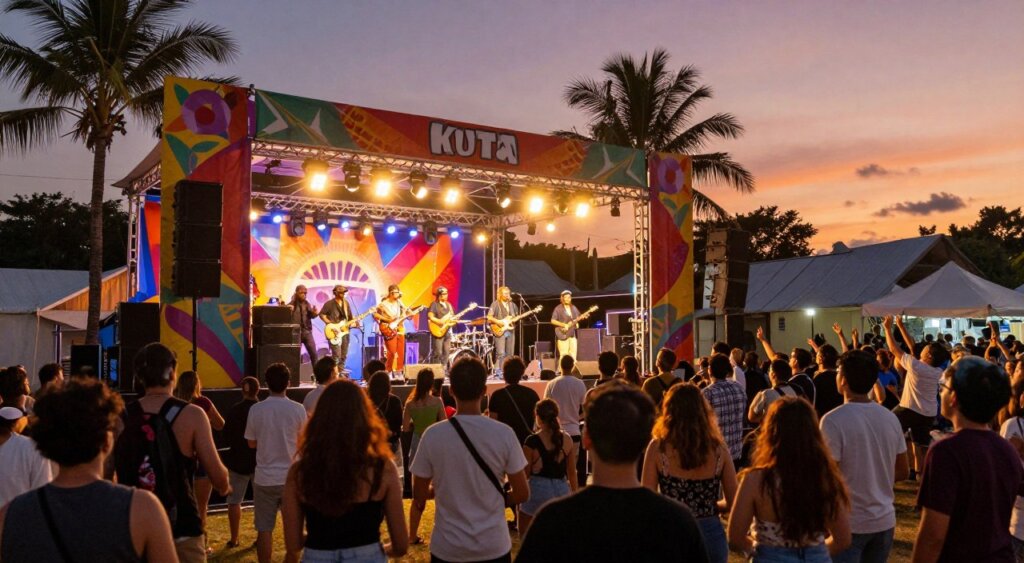 A vibrant scene of the Kuta festival stage during a live music event, capturing the energy and excitement of a local music festival. In the foreground, a diverse crowd of music enthusiasts in casual clothing, swaying and dancing to the rhythm of a live band on stage. In the middle ground, the festival stage adorned with colorful banners, bright lights casting a festive glow, and musicians passionately performing. The background features palm trees gently swaying in the evening breeze, with a dusky sunset sky painted in hues of orange and purple. The atmosphere is lively and joyful, filled with warmth and community spirit. The image is captured with a wide-angle lens, focused on the stage, highlighting the vibrancy and connection among festival-goers.