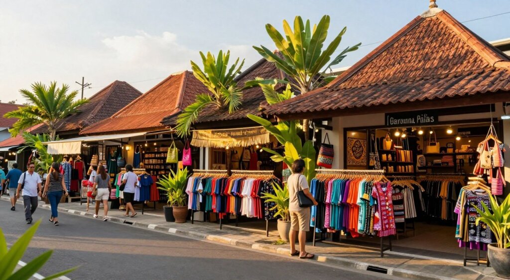 A vibrant scene of the best Bali factory outlets, showcasing a variety of stylish boutiques and shops filled with handcrafted goods and local fashion. In the foreground, a well-dressed shopper in casual yet chic attire examines a colorful assortment of clothing displayed outside a trendy outlet. The middle ground features several shops with traditional Balinese architecture, adorned with lush tropical plants and bamboo accents, inviting customers in. In the background, the warm golden light of a late afternoon sun casts long shadows, adding a touch of serenity and warmth to the atmosphere. The image captures a bustling shopping experience with a lively yet relaxed vibe, reflecting the unique allure of Bali’s factory outlets. High-resolution, photojournalism-style quality with a focus on natural lighting and vibrant colors.