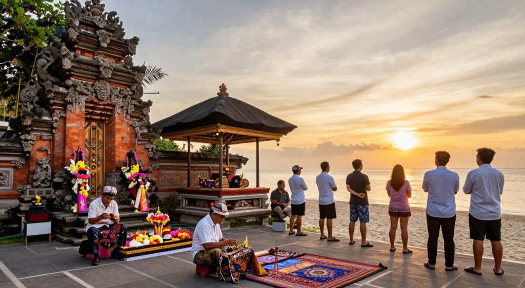 A vibrant scene showcasing Bali's cultural attractions, highlighting key elements from Uluwatu, Canggu, and Seminyak. In the foreground, a traditional Balinese temple with intricate stone carvings and vibrant floral offerings, representing Uluwatu's heritage. The middle ground features local artists creating colorful handicrafts and batik textiles, embodying the creative spirit of Canggu. In the background, the stunning beach sunset over Seminyak, casting warm golden hues across the sky. The image captures people in modest, professional attire admiring the view, while warm natural lighting enhances the scene. The composition should have a dynamic angle, providing depth and inviting viewers to experience the rich cultural tapestry of Bali.