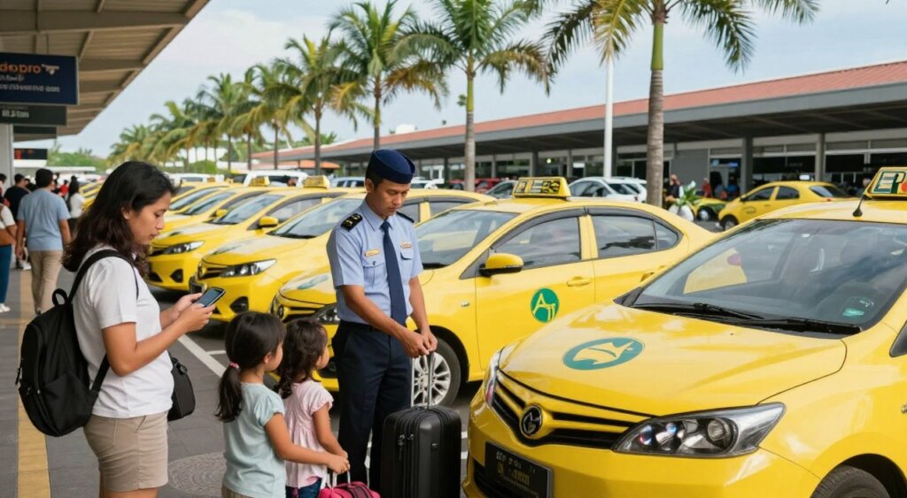 A vibrant scene showcasing a busy Bali airport taxi stand, focused on a professional-looking driver in a smart uniform welcoming a family with luggage. In the foreground, the driver offers assistance while a well-dressed couple checks their booking confirmation on a mobile device; their expressions convey trust and relief. The middle ground features bright yellow taxis lined up, each with the official airport logo, ready for passengers. In the background, palm trees sway gently under a clear blue sky, with the airport terminal visible, bustling with travelers. Soft, natural lighting enhances the warm atmosphere, creating a sense of convenience and reliability. Use a wide-angle lens to capture the lively scene, emphasizing the organized taxi service that embodies comfort and professionalism.