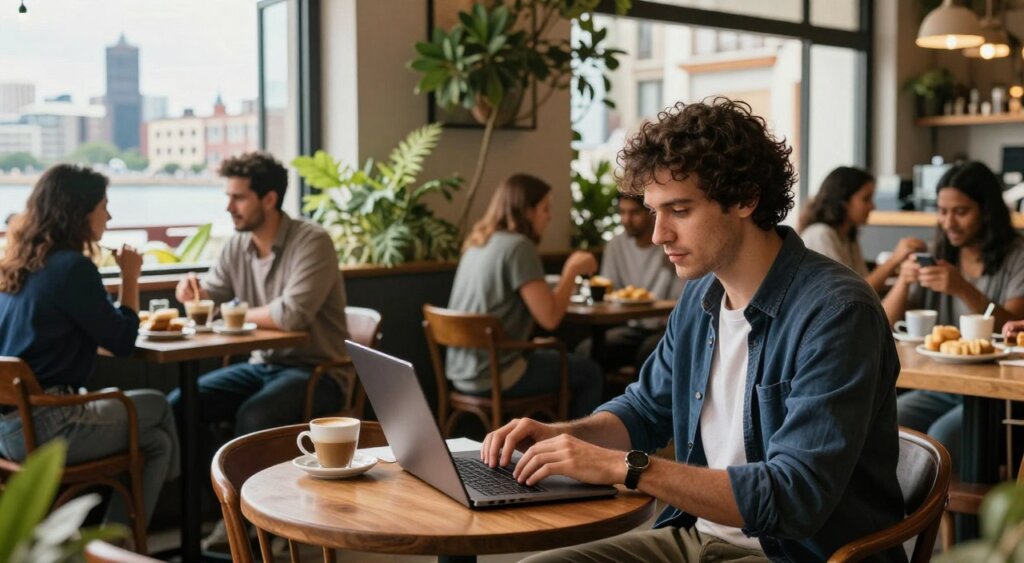 A vibrant scene showcasing a digital nomad working in a cozy café in Montevideo, Uruguay. In the foreground, a focused individual in smart casual attire types on a laptop, surrounded by a warm, inviting atmosphere of wooden furniture and greenery. In the middle ground, people engaged in conversation at tables, enjoying local coffee and pastries, with sunlight streaming through large windows. In the background, a subtle glimpse of the iconic Ciudad Vieja architecture and coastline is visible. The lighting is soft and natural, creating a relaxed and productive mood. Capture this moment in a professional photojournalism style reminiscent of National Geographic, emphasizing the blend of work-life balance and the vibrant culture of Uruguay.