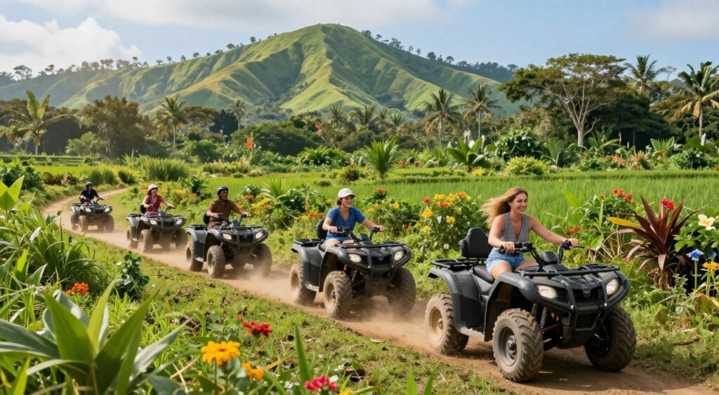A vibrant scene showcasing a diverse group of adventurous tourists riding ATVs through lush, green Bali landscapes. In the foreground, four riders in modest, casual attire are smiling and engaged, capturing the excitement of their affordable ATV tour. The middle ground features their powerful ATVs, kicking up dirt as they navigate a narrow, winding trail flanked by dense tropical vegetation and colorful flowers. In the background, majestic rolling hills and a clear blue sky create a serene yet exhilarating atmosphere, with warm sunlight filtering through the foliage. The image embodies a sense of adventure and camaraderie, with a focus on the thrill of exploring Bali's natural beauty on an ATV. Shot with a wide-angle lens to emphasize the landscape and enhance the sense of movement.
