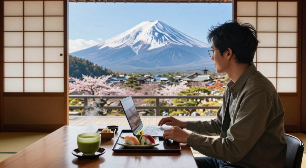 A vibrant scene showcasing a freelance digital nomad exploring Japan's cultural landscape, featuring a professional individual in modest casual attire, sitting at a traditional wooden table in a historic tea house. In the foreground, a steaming cup of matcha tea and a beautiful arrangement of sushi highlight Japanese culinary culture. The middle ground reveals delicate shoji screens with subtle patterns, offering a glimpse of a serene Japanese garden in bloom. In the background, the iconic peaks of Mount Fuji rise majestically against a clear blue sky, conveying the beauty of Japan’s nature. Soft, natural lighting bathes the scene, enhancing the calm and inviting atmosphere, reminiscent of a National Geographic photojournalism style, with a focus on cultural exploration and professional lifestyle.