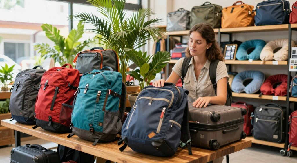 A vibrant scene showcasing a woman in modest casual clothing exploring various bags and luggage options. In the foreground, a colorful array of travel bags, backpacks, and suitcases are neatly displayed on a stylish wooden table. The woman, with a thoughtful expression, is examining a large, rugged suitcase, her hand resting on it, while a sleek backpack lies open beside her, suggesting packing flexibility. In the middle ground, a bright indoor market filled with tropical plants and travel accessories adds depth, with natural light streaming in through large windows. The background features shelves adorned with travel essentials like packing cubes and travel pillows. The overall mood is inspiring and adventurous, encouraging travelers to make thoughtful packing decisions for a tropical destination.