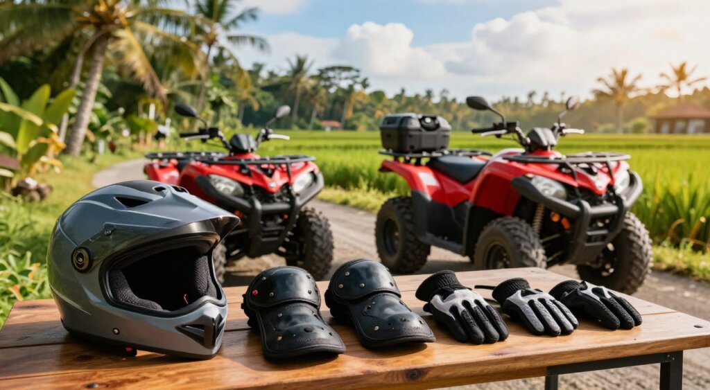 A vibrant scene showcasing an ATV rental setup in Bali, featuring an array of protective gear. In the foreground, display a high-quality helmet, knee pads, elbow pads, and gloves neatly organized on a wooden table. The middle ground includes two ATVs in striking colors, parked on a scenic trail surrounded by lush tropical greenery and distant rice paddies. The background captures a bright blue sky with fluffy white clouds, enhancing the sunny atmosphere. The lighting is warm and inviting, reminiscent of a late afternoon in Bali. Capture this scene from a dynamic angle to emphasize the adventure spirit, with a focus on the gear’s importance for safety while evoking excitement about outdoor exploration. The overall mood should be adventurous, yet safe and professional.