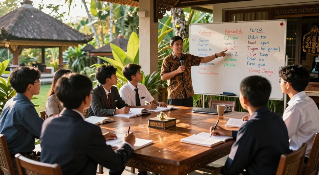 A vibrant scene showcasing an Indonesian language immersion program in Bali. In the foreground, a diverse group of students, dressed in professional business attire, sit around a beautifully decorated wooden table, engaged in a lively language class with books and notebooks open. The middle ground features an experienced Indonesian instructor, passionately teaching while pointing to a colorful whiteboard filled with vocabulary words and phrases. In the background, lush tropical foliage and traditional Balinese architecture are visible, enhancing the setting's cultural richness. The late afternoon sun filters through the trees, casting warm, golden light that creates an inviting and inspiring atmosphere. Capture this moment from a slightly elevated angle, focusing on the interaction between students and the instructor, embodying the spirit of learning in Bali. A vibrant scene showcasing an Indonesian language immersion program in Bali. In the foreground, a diverse group of students, dressed in professional business attire, sit around a beautifully decorated wooden table, engaged in a lively language class with books and notebooks open. The middle ground features an experienced Indonesian instructor, passionately teaching while pointing to a colorful whiteboard filled with vocabulary words and phrases. In the background, lush tropical foliage and traditional Balinese architecture are visible, enhancing the setting's cultural richness. The late afternoon sun filters through the trees, casting warm, golden light that creates an inviting and inspiring atmosphere. Capture this moment from a slightly elevated angle, focusing on the interaction between students and the instructor, embodying the spirit of learning in Bali.