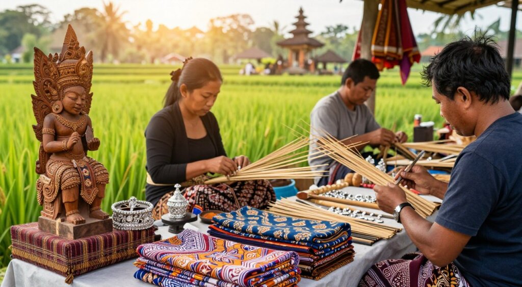 A vibrant scene showcasing an array of traditional Bali cultural souvenirs and experiences. In the foreground, a beautifully crafted wooden Balinese sculpture elegantly displayed on a handmade woven sarong, next to a small stack of intricate batik fabrics. In the middle, artisans engaged in creating traditional handicrafts, like silver jewelry and bamboo crafts, highlighting the craftsmanship. The background features lush green rice terraces under soft golden sunlight, with a hint of a distant temple silhouette. The scene is captured with a wide-angle lens to emphasize depth and detail, giving a warm, inviting atmosphere. Soft, natural lighting enhances the colors and textures, creating an authentic cultural experience without any human subjects.
