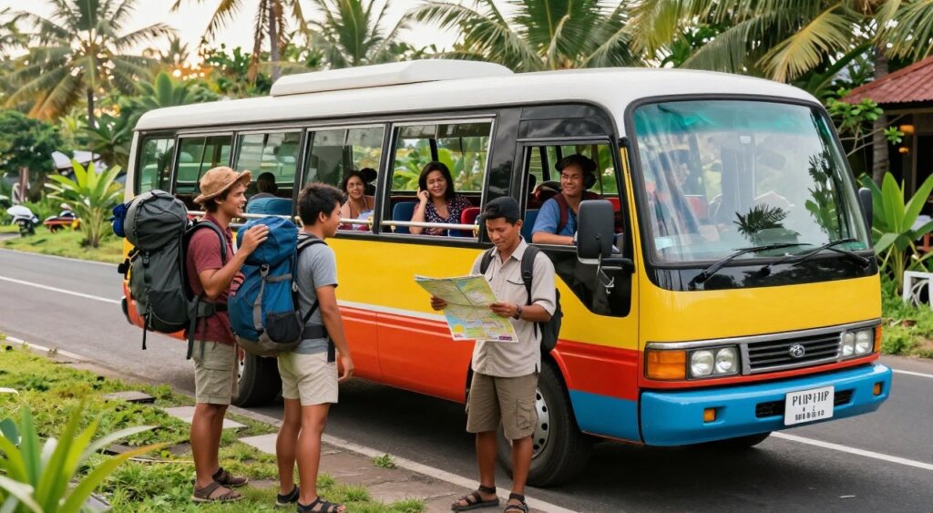 A vibrant scene showcasing budget bus transport to Ubud, featuring a classic, colorful Indonesian bus parked at a small roadside stop. In the foreground, a friendly local bus driver, dressed in modest casual attire, checks a map while a couple of backpackers with large travel bags chat excitedly nearby. The middle ground captures travelers comfortably seated on the bus, with lush tropical greenery framing the vehicle, hinting at the beautiful landscapes of Bali. In the background, soft sunlight filters through palm trees, creating a warm and inviting atmosphere. Capture this scene from a slightly elevated angle, simulating a photojournalism style, with rich, natural colors to evoke a sense of adventure, affordability, and friendly travel experiences.
