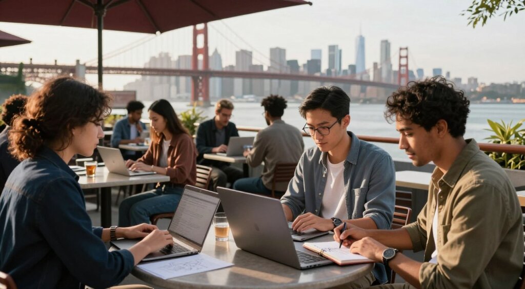 A vibrant scene showcasing digital nomad communities in popular U.S. cities, featuring a diverse group of professionals working in urban cafes and co-working spaces. In the foreground, two individuals—one with a laptop and the other sketching in a notebook—are seated at an outdoor patio table, dressed in smart casual attire. The middle ground presents a stylish café bustling with other remote workers, while in the background, iconic city landmarks such as the Golden Gate Bridge in San Francisco or the skyline of New York City are visible, bathed in warm afternoon light. The atmosphere is lively yet focused, emphasizing collaboration and community among digital nomads. Capture this scene with a shallow depth of field to create an intimate feel, as if one is stepping into the dynamic world of remote work culture.