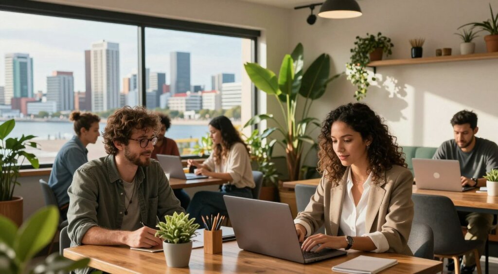 A vibrant scene showcasing diverse digital nomads collaborating in a cozy, sunny co-working space in Montevideo, Uruguay. In the foreground, a young woman in professional attire focuses intently on her laptop; next to her, a casually dressed man engaged in a video call. The middle features a communal table with others networking, surrounded by lush indoor plants and modern decor. The background reveals large windows showcasing Uruguay's coastal skyline bathed in warm daylight, creating an inviting and productive atmosphere. Use natural light to enhance the scene, capturing the essence of flexible work opportunities in a visually appealing and inspiring setting. The mood is collaborative, energetic, and professional, embodying the spirit of a thriving digital nomad community.
