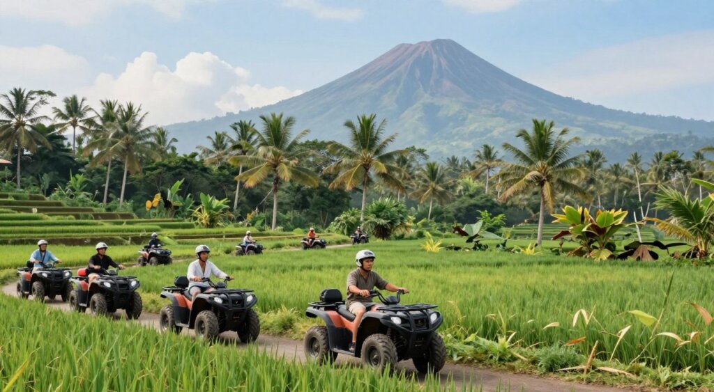 A vibrant scene showcasing eco-friendly ATVs traversing a lush green landscape in Bali. In the foreground, a small group of riders, wearing modest casual clothing and helmets, navigate the trails on electric ATVs, highlighting sustainable tourism. The middle ground features dense tropical foliage, palm trees, and native plants, emphasizing the biodiversity of Bali. In the background, the majestic view of rice terraces and distant volcanic mountains under a clear blue sky, suggesting a harmonious balance between adventure and nature. Soft, natural lighting illuminates the scene, creating a warm and inviting atmosphere. The image should capture the thrill of eco-tourism while showcasing the stunning beauty of Bali, reminiscent of National Geographic's professional photojournalism style.
