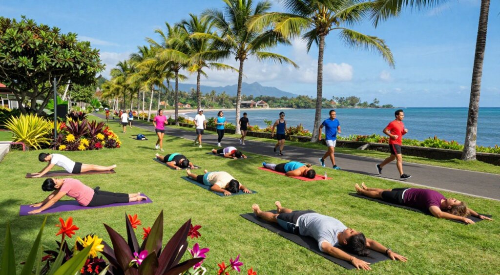 A vibrant scene showcasing outdoor fitness activities in Bali, capturing a diverse group of individuals engaged in various exercises. In the foreground, people practicing yoga on a lush green lawn surrounded by tropical flowers, while others perform calisthenics. The middle ground features participants jogging along a scenic coastal pathway lined with palm trees. In the background, the iconic Balinese landscape cascades with mountains and a clear blue sky, creating a peaceful contrast. The lighting is bright and sunny, emphasizing the vibrant colors of the environment. Ensure that all individuals are dressed in modest, colorful athletic wear. The angle is slightly elevated, capturing both the group activity and the stunning natural setting, evoking a sense of vitality and wellness in this idyllic location.