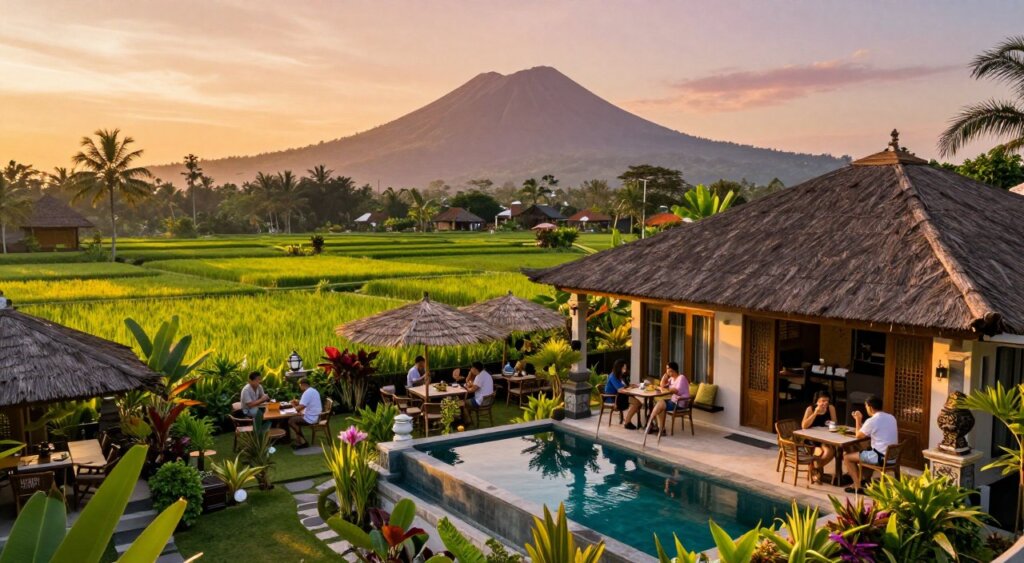 A vibrant scene showcasing popular areas for long-term rentals in Bali. In the foreground, depict a serene view of a cozy villa with a private pool, surrounded by lush tropical gardens and decorative Balinese architecture. The middle ground features local cafes with people enjoying their time, dressed in modest casual clothing, creating a welcoming atmosphere. In the background, lush green rice fields and distant volcanic hills bathe in the warm golden light of a sunset, casting soft shadows. The sky is painted with hues of orange and pink, enhancing the tranquil mood of this tropical paradise. Capture this image with a wide-angle lens to emphasize the expansive beauty of Bali's landscapes, aiming for a balanced composition filled with life and cultural richness. The overall vibe should evoke a sense of relaxation and allure, inviting viewers to imagine a long-term stay in this idyllic setting.