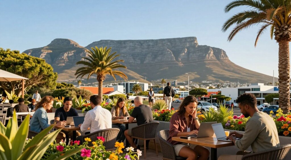 A vibrant scene showcasing popular digital nomad destinations in South Africa. In the foreground, a diverse group of professionals in modest casual clothing, working on laptops at a stylish outdoor café surrounded by lush greenery and colorful flowers. In the middle ground, the iconic Table Mountain looms majestically under a clear blue sky, with a few hikers enjoying the view. Palm trees sway gently, enhancing the tropical atmosphere. In the background, vibrant city life is visible with modern buildings and busy streets. The lighting is warm and inviting, capturing a golden hour feel, creating a relaxed yet inspiring mood that embodies the spirit of digital nomadism. The composition is shot with a wide-angle lens to encompass the beauty of the landscape and lifestyle.