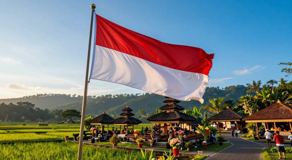 A vibrant scene showcasing the Bali flag fluttering proudly against a clear blue sky, set in the foreground with intricate details of its red and white stripes. In the middle ground, a picturesque view of a traditional Balinese temple surrounded by lush tropical greenery and colorful flowers, symbolizing the rich cultural heritage of Bali. The background features rolling hills and distant rice paddies under the soft golden glow of a setting sun, creating a warm and inviting atmosphere. The image captures the essence of tourism, with subtle hints of visitors exploring the area in modest casual clothing, immersed in the cultural experience. The lighting should evoke a serene and uplifting mood, enhancing the beauty of this iconic destination, reminiscent of high-quality professional photojournalism.