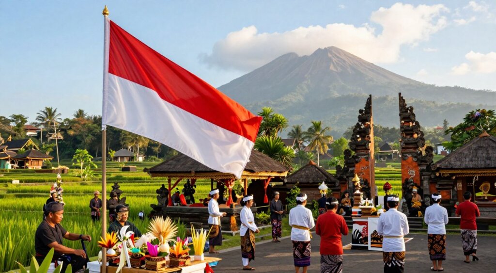 A vibrant scene showcasing the Bali flag in various locations across Bali, emphasizing local customs and traditions. In the foreground, prominently display the red and white Bali flag fluttering in the breeze, with traditional Balinese offerings like canang sari at the base. In the middle ground, capture locals in modest traditional attire participating in a cultural ceremony, with intricate temple structures featuring stone carvings and lush greenery around them. The background should feature iconic Balinese landscapes, such as rice terraces and distant volcanic mountains under a bright blue sky. Use soft, warm lighting to create an inviting atmosphere, mimicking natural daylight, and a wide-angle lens perspective to encompass the vibrant scene, creating a sense of connection to Bali's rich heritage.