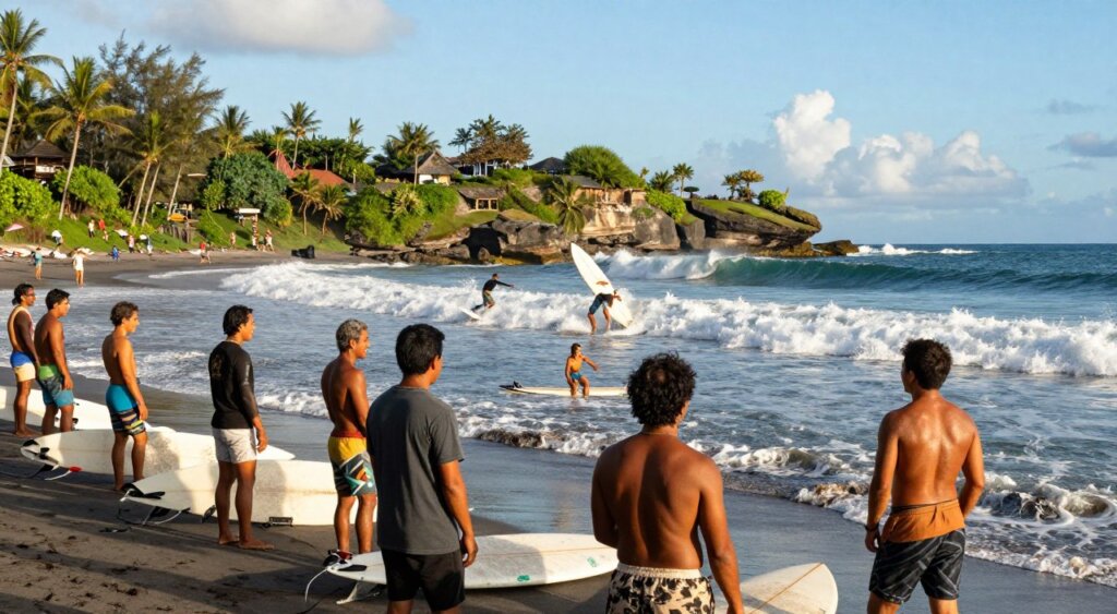 A vibrant scene showcasing the Bali surfing community, set on a sunny beach with gentle waves crashing. In the foreground, a diverse group of surfers in modest casual clothing, of various ethnicities, share laughter and camaraderie while preparing their boards. In the middle ground, several surfers catch waves, with one performing a stylish maneuver. The background features lush tropical vegetation and iconic Balinese cliffs under a bright blue sky, with a few fluffy clouds adding depth. The lighting is warm and golden, suggesting late afternoon, with the sun casting soft shadows. The atmosphere is lively and welcoming, encapsulating the spirit of community and passion for surfing in Bali, reminiscent of National Geographic’s photojournalism style.