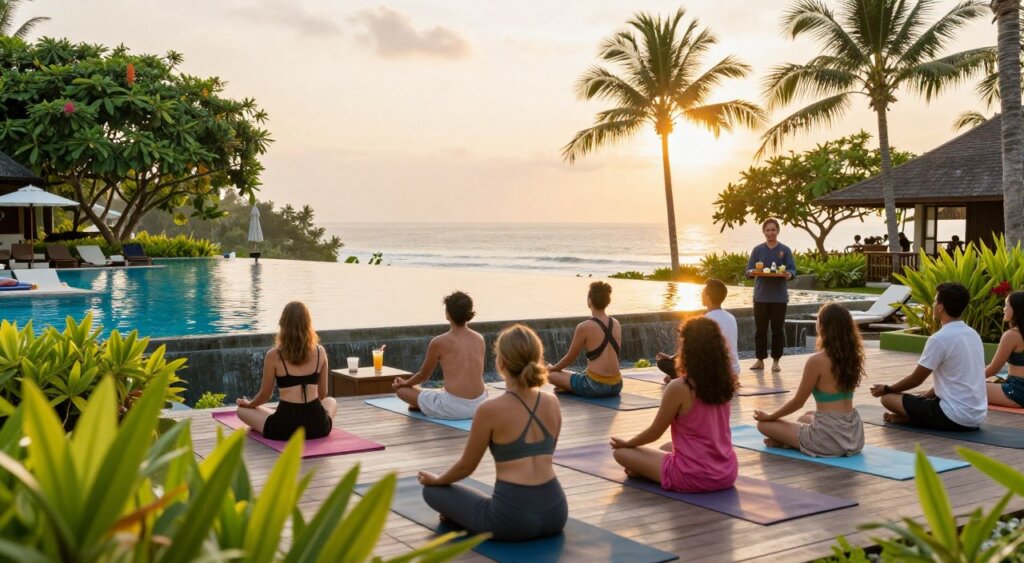 A vibrant scene showcasing the activities and experiences at Amnaya Resort Kuta. In the foreground, a diverse group of tourists enjoying a yoga session on a wooden deck overlooking lush tropical gardens, dressed in modest, colorful casual clothing. The middle ground features a scenic infinity pool, with guests relaxing on lounge chairs, sipping drinks, and a friendly staff member serving refreshments. The background reveals palm trees swaying in the gentle breeze and a picturesque sunset casting a warm golden glow over the landscape. The image should convey a tranquil and inviting atmosphere, reminiscent of a perfect vacation day. Capture this with a soft focus lens, emphasizing natural lighting to enhance the serene and joyful vibe of the resort experience. A vibrant scene showcasing the activities and experiences at Amnaya Resort Kuta. In the foreground, a diverse group of tourists enjoying a yoga session on a wooden deck overlooking lush tropical gardens, dressed in modest, colorful casual clothing. The middle ground features a scenic infinity pool, with guests relaxing on lounge chairs, sipping drinks, and a friendly staff member serving refreshments. The background reveals palm trees swaying in the gentle breeze and a picturesque sunset casting a warm golden glow over the landscape. The image should convey a tranquil and inviting atmosphere, reminiscent of a perfect vacation day. Capture this with a soft focus lens, emphasizing natural lighting to enhance the serene and joyful vibe of the resort experience.