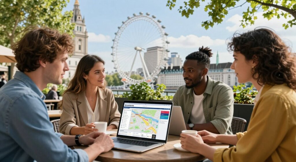 A vibrant scene showcasing the advantages of a digital nomad visa in the UK. In the foreground, a diverse group of professionals—two men and two women—wearing smart casual attire, are engaged in a lively discussion over laptops at an outdoor café, surrounded by greenery and iconic British architecture. The middle focuses on an open laptop displaying maps and travel itineraries, symbolizing flexibility and adventure. The background reveals a sunny urban landscape with historic buildings and the London Eye under a clear blue sky, conveying a sense of opportunity. Soft, natural lighting enhances the scene, creating a warm and inviting atmosphere, perfect for nomadic lifestyles. The overall mood is optimistic and inspirational, encouraging exploration and work-life balance.