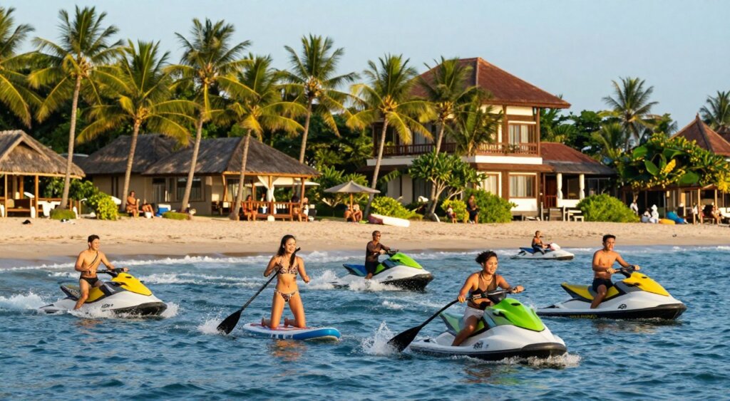 A vibrant scene showcasing the beach and water sports near Febris Hotel Kuta in Bali. In the foreground, a group of people in modest swimwear enjoys various water activities like paddleboarding and kayaking, their expressions filled with joy. In the middle ground, colorful jet skis zip across the sparkling blue water, creating splashes and excitement. The backdrop features lush green palm trees swaying gently in the breeze, with the iconic Febris Hotel Kuta visible, its distinctive architecture complementing the tropical environment. The scene is illuminated by soft, golden sunlight, casting a warm, inviting glow, while a clear blue sky enhances the lively atmosphere, evoking a sense of relaxation and adventure.