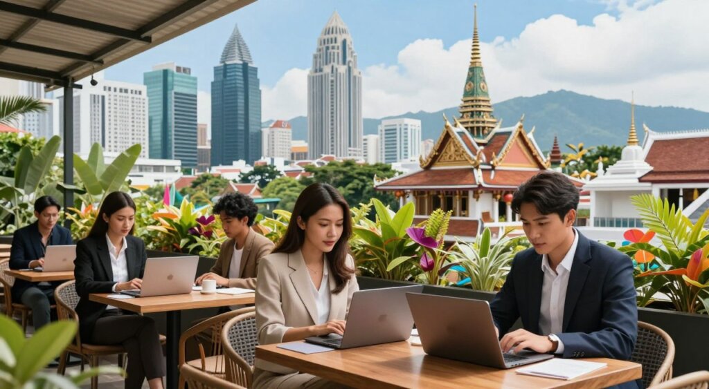 A vibrant scene showcasing the best countries for digital nomads in Asia, focusing on a picturesque location. In the foreground, a diverse group of digital nomads—two women and one man—all dressed in professional business attire, are working on laptops at a cozy outdoor café with tropical plants and colorful decor. In the middle ground, a bustling cityscape with modern skyscrapers and traditional Asian architecture, blended harmoniously under a bright blue sky. The background features a distant mountain range, enhancing the sense of adventure. Soft, natural lighting highlights the scene, shooting from a low angle to capture both the people and the unique architecture. The mood is productive yet relaxed, illustrating the ideal lifestyle of digital nomads in Asia.