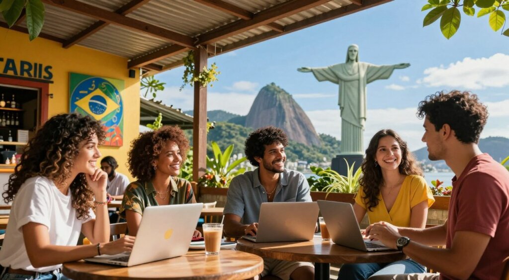 A vibrant scene showcasing the cultural integration of digital nomads in Brazil. In the foreground, a diverse group of young professionals in smart casual attire, engaged in conversation, holding laptops and digital devices, symbolizing their work-life balance. The middle ground features an inviting Brazilian café adorned with colorful local art and greenery, resonating with the laid-back atmosphere of the country. In the background, iconic Brazilian landmarks such as the Christ the Redeemer statue and Sugarloaf Mountain are visible under a bright blue sky, bathed in warm sunlight. The composition captures a sense of community, adventure, and connection with Brazil's rich culture. The overall mood is one of inspiration and positivity, ideal for digital nomads looking to thrive during their stay.
