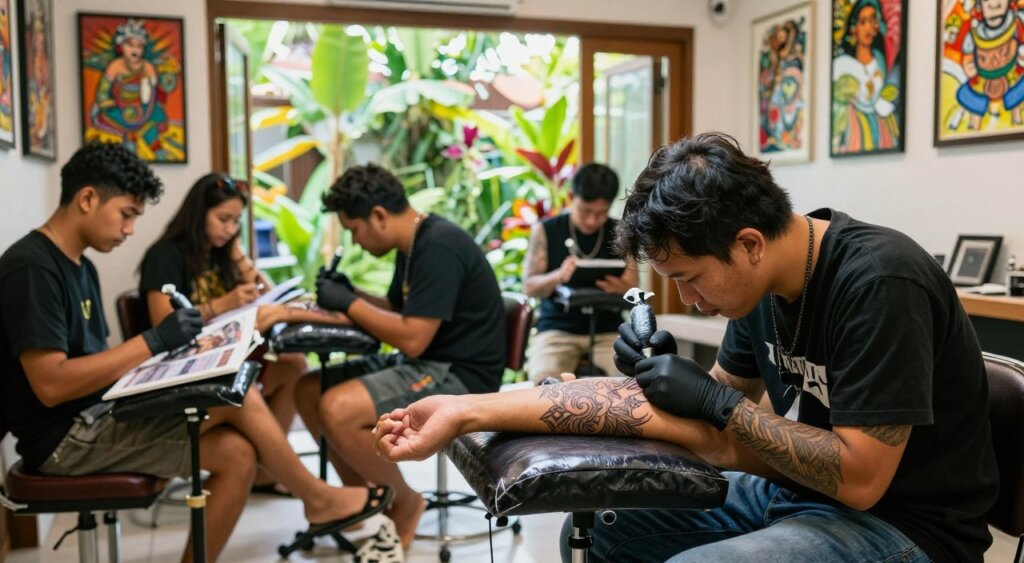A vibrant scene showcasing top tattoo artists in Bali working in a professional tattoo studio. In the foreground, a skilled tattoo artist, dressed in a black t-shirt and jeans, intensely focuses on inking a client’s arm, highlighting detailed, intricate designs. The middle ground features a diverse group of artists collaborating, reviewing tattoo portfolios, and interacting with clients, all while surrounded by walls adorned with colorful tattoo art. In the background, large windows reveal a lush Balinese garden, allowing natural light to flood the studio, creating a warm, inviting atmosphere. The image captures the professionalism and artistry of the tattoo culture in Bali, reflecting both creativity and skill, with a soft focus on the background to emphasize the artists at work.