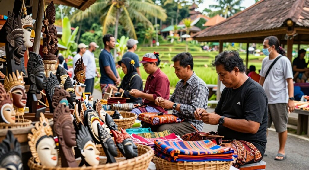 A vibrant scene showcasing unique Bali gifts and cultural experiences in Ubud, set in a bustling local market. In the foreground, a variety of handcrafted items such as intricate wood carvings, colorful textiles, and traditional Balinese masks, displayed on woven baskets. The middle ground features local artisans and tourists interacting, dressed in smart casual attire, with one artisan demonstrating their craft. The background reveals lush tropical greenery and traditional Balinese architecture, with rice terraces cascading in the distance. Soft, natural lighting illuminates the scene, capturing the warm, inviting atmosphere of Ubud's cultural richness. The composition evokes a sense of community and connection, framed through a documentary-style lens that emphasizes detail and color, creating an inspiring visual narrative.