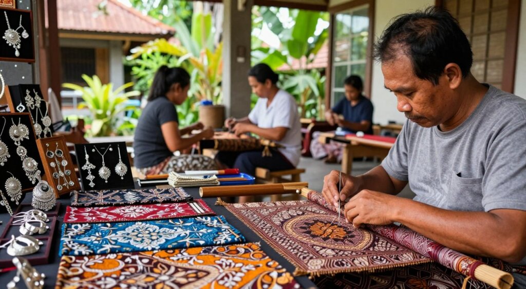 A vibrant scene showcasing unique Bali mementos, featuring a skillful batik artist at work, meticulously crafting intricate patterns on fabric. In the foreground, a beautifully arranged display of colorful batik pieces and shimmering silver jewelry reflects Bali's rich cultural heritage. The middle ground captures artisans in modest, casual clothing, collaborating in a serene workshop ambiance, surrounded by natural light filtering through open windows. In the background, lush tropical plants and traditional Balinese architecture harmonize with modern design elements, symbolizing the blend of tradition and contemporary influences. The atmosphere is warm and inviting, highlighting the dedication to craftsmanship and the vibrant art scene of Kuta. The image should be composed with a shallow depth of field, focusing on the details of the mementos while softly blurring the background.