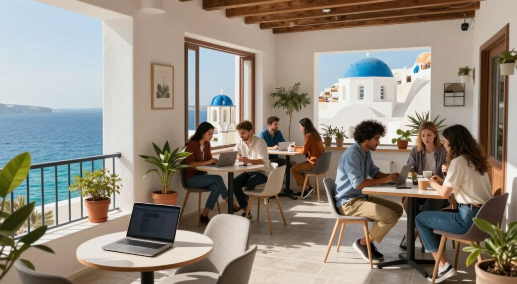 A vibrant scene showcasing various accommodation options for digital nomads in Greece. In the foreground, display a cozy, modern apartment with a balcony overlooking the turquoise sea, adorned with potted plants and a laptop on a small table. In the middle ground, illustrate a lively co-working space filled with professionals in smart casual attire, collaborating at communal tables, with large windows allowing natural light to flood in. The background reveals traditional Greek architecture, featuring whitewashed buildings and blue domes against a clear sky, embodying the charm of the Greek landscape. The atmosphere is warm and inviting, evoking a sense of productivity and relaxation, captured in a natural, high-definition style with soft, diffused lighting.