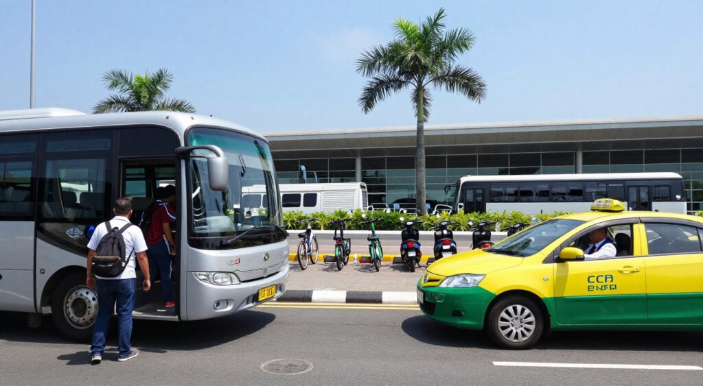A vibrant scene showcasing various transfer options and vehicle types available at Ngurah Rai International Airport. In the foreground, a modern airport shuttle bus with an open door, revealing passengers entering and exiting. Next to it, a taxi in bright colors waits with a driver in professional attire. In the middle ground, a collection of bicycles and motorbikes parked beside a ride-sharing pickup area, while electric scooters are lined up nearby. The background features the airport terminal with a clear blue sky and palm trees swaying gently. The lighting is bright and natural, capturing the bustling atmosphere of a travel hub. This photojournalism-style composition conveys a sense of efficiency and convenience, inviting travelers to explore their transport options. A vibrant scene showcasing various transfer options and vehicle types available at Ngurah Rai International Airport. In the foreground, a modern airport shuttle bus with an open door, revealing passengers entering and exiting. Next to it, a taxi in bright colors waits with a driver in professional attire. In the middle ground, a collection of bicycles and motorbikes parked beside a ride-sharing pickup area, while electric scooters are lined up nearby. The background features the airport terminal with a clear blue sky and palm trees swaying gently. The lighting is bright and natural, capturing the bustling atmosphere of a travel hub. This photojournalism-style composition conveys a sense of efficiency and convenience, inviting travelers to explore their transport options.