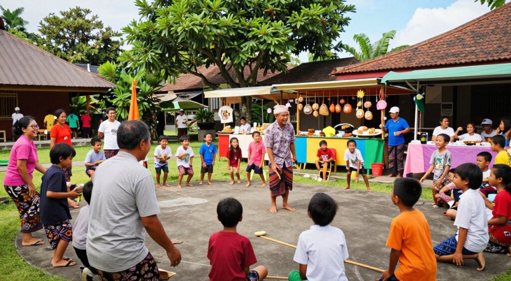 A vibrant school community event in Bali, showcasing a diverse group of children and parents engaging in activities. In the foreground, a joyful Balinese family in modest casual clothing interacts with children participating in traditional games, smiling and laughing. In the middle ground, colorful stalls display local crafts and food, with children enjoying the atmosphere. The background features lush green trees and a glimpse of Balinese architecture under a bright blue sky, suggesting a warm, sunny day. Soft, natural lighting enhances the vibrant colors of the scene. Capture this image from a slightly elevated angle, allowing for a broad perspective of community engagement, highlighting the spirit of togetherness and cultural richness.