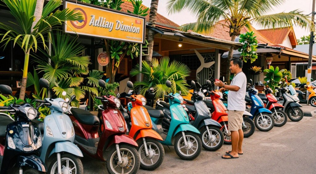 A vibrant scooter rental shop in Bali, featuring a variety of brightly colored scooters lined up outside. In the foreground, a friendly shop owner, dressed in modest casual clothing, interacts with a tourist looking at the scooters. The shop's welcoming sign hangs above, surrounded by lush tropical greenery and palm trees. In the middle ground, a few scooters are parked with the beautiful Balinese architecture visible in the backdrop. The lighting is warm and sunny, evoking a cheerful atmosphere typical of Bali. The angle is slightly elevated, showcasing the lively environment and capturing the essence of Bali's scooter rental culture. The scene should be rich in color, emphasizing the tropical vibe while maintaining an organized, professional composition.