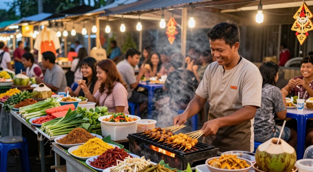 A vibrant street food scene in Kuta, Bali, depicting a bustling night market filled with local vendors. In the foreground, a friendly local chef in modest casual attire is grilling satay skewers over an open flame, surrounded by colorful displays of fresh produce and spices. The middle ground features a diverse group of visitors, smiling and enjoying their meals at small plastic tables, creating a warm and inviting atmosphere. In the background, soft, ambient lights strung overhead illuminate the stalls, while traditional Balinese decorations enhance the cultural essence. The scene is captured during the golden hour, with natural light casting a warm glow, showcasing the delicious dishes like Nasi Goreng and fresh coconut drinks served in traditional bowls.