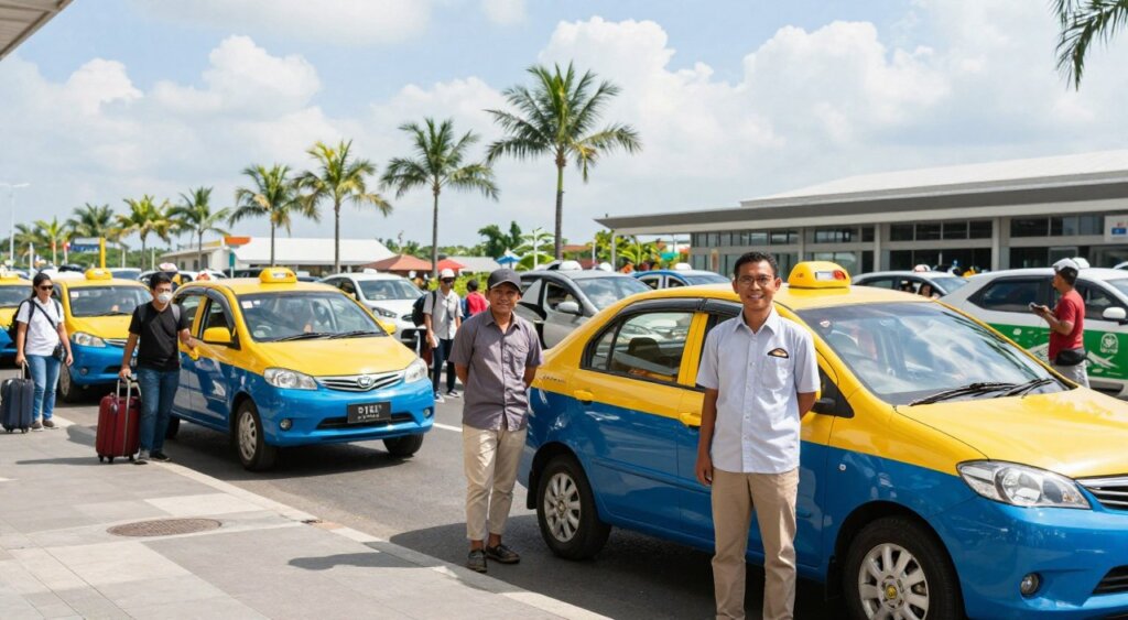 A vibrant street scene at Bali Airport showcasing local taxi drivers waiting for passengers. In the foreground, two taxi drivers of different ethnic backgrounds are standing beside their traditional blue and yellow taxis, dressed in neat, modest casual clothing, exuding friendliness and professionalism. In the middle, a bustling array of passengers arriving and departing with luggage, showcasing the travel atmosphere. In the background, palm trees and the airport terminal can be seen under a bright, sunny sky with a few fluffy clouds. The image is captured in natural lighting to highlight the lively colors of the taxis and the surroundings, with a slight depth of field to maintain focus on the drivers. The mood is welcoming and dynamic, illustrating local transport options available to travelers in Bali.